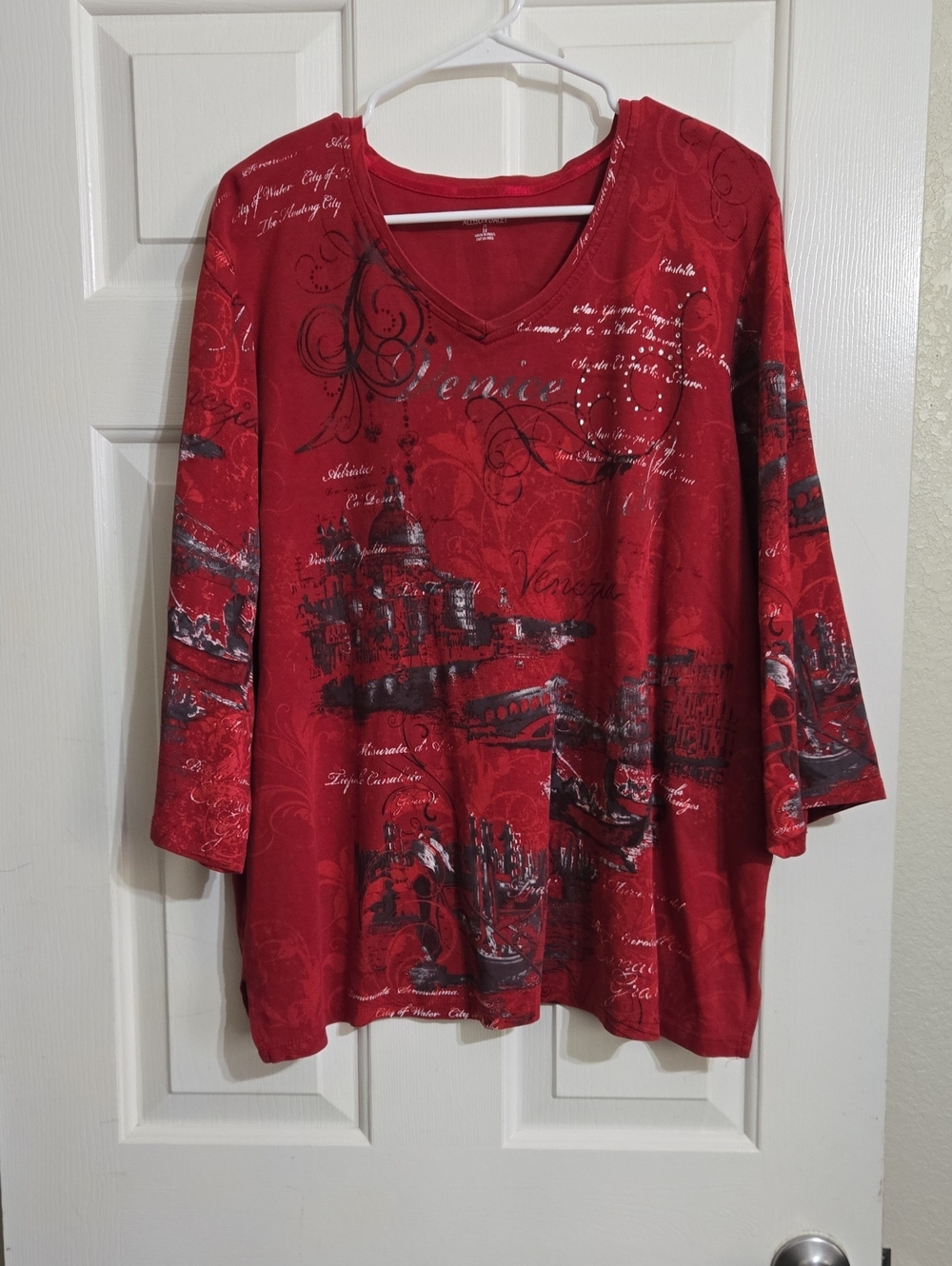 Allison Daley Red Scenic Script V-Neck Long Sleeve Top